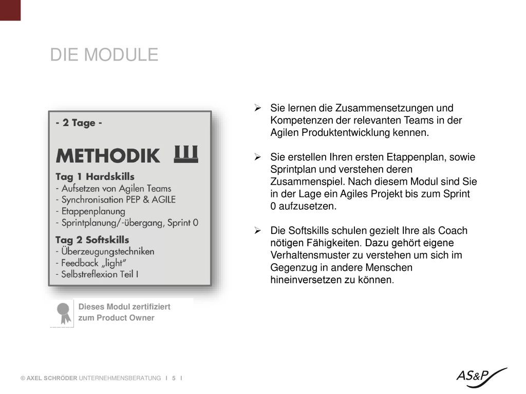 DIE MODULE Sie lernen die Zusammensetzungen und Kompetenzen der relevanten Teams in der Agilen Produktentwicklung kennen.