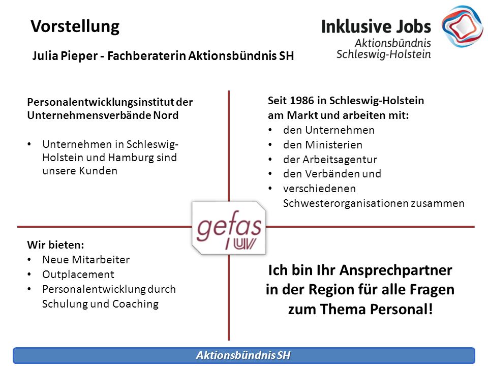Vorstellung Julia Pieper - Fachberaterin Aktionsbündnis SH. Personalentwicklungsinstitut der Unternehmensverbände Nord.