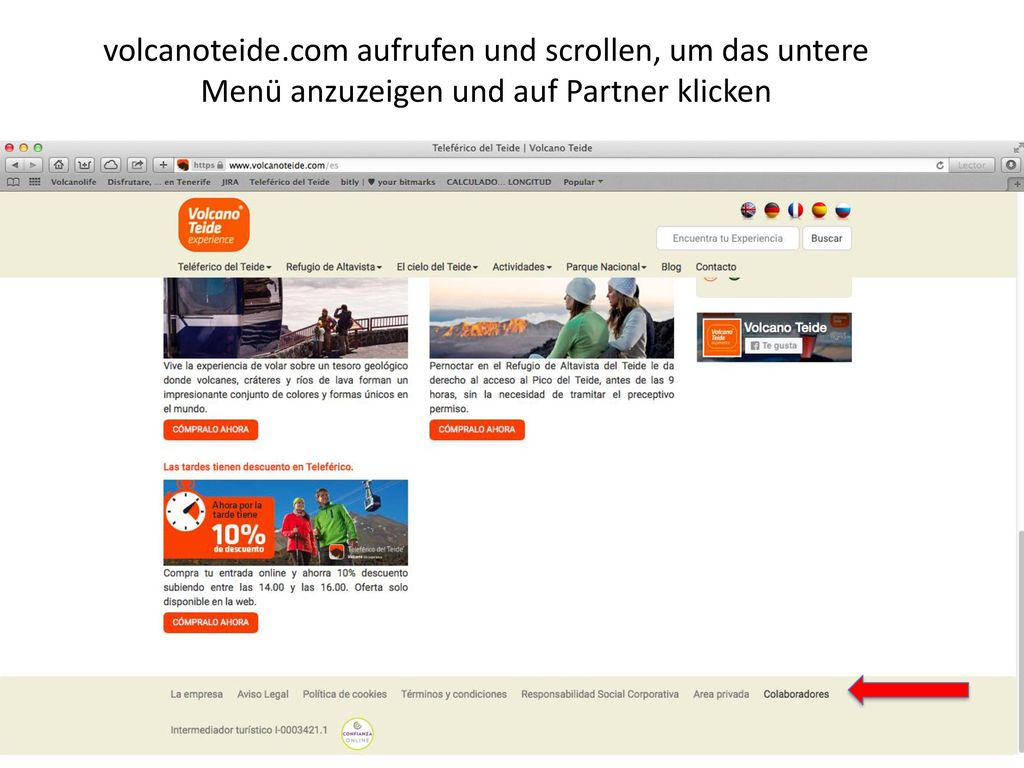 volcanoteide.com aufrufen und scrollen, um das untere Menü anzuzeigen und auf Partner klicken