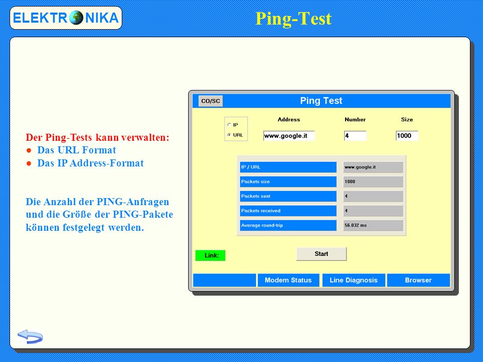 Ping-Test ELEKTR NIKA Der Ping-Tests kann verwalten: ● Das URL Format