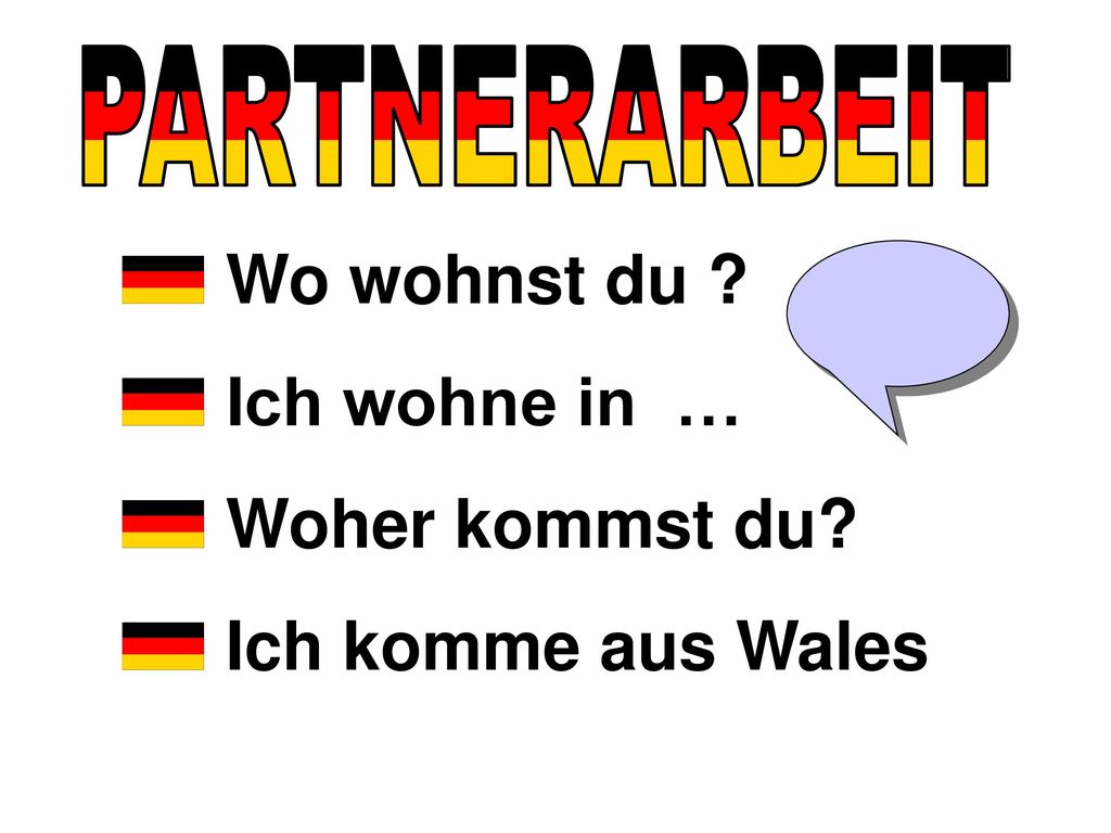 Wo wohnst du Ich wohne in … Woher kommst du Ich komme aus Wales