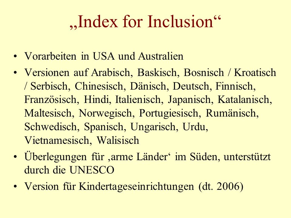 „Index for Inclusion Vorarbeiten in USA und Australien