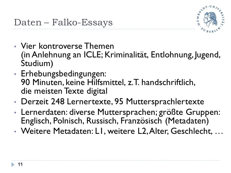 Daten – Falko-Essays Vier kontroverse Themen (in Anlehnung an ICLE; Kriminalität, Entlohnung, Jugend, Studium)