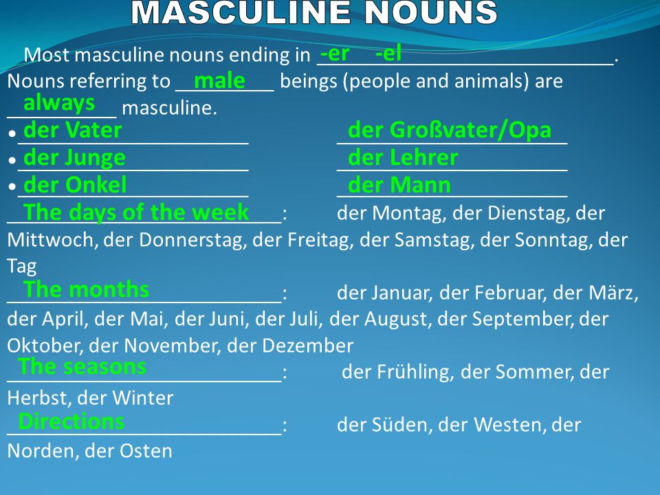 MASCULINE NOUNS -er -el male always der Vater der Großvater/Opa