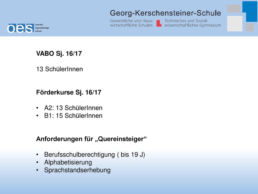 VABO Sj. 16/17 13 SchülerInnen. Förderkurse Sj. 16/17. A2: 13 SchülerInnen. B1: 15 SchülerInnen.
