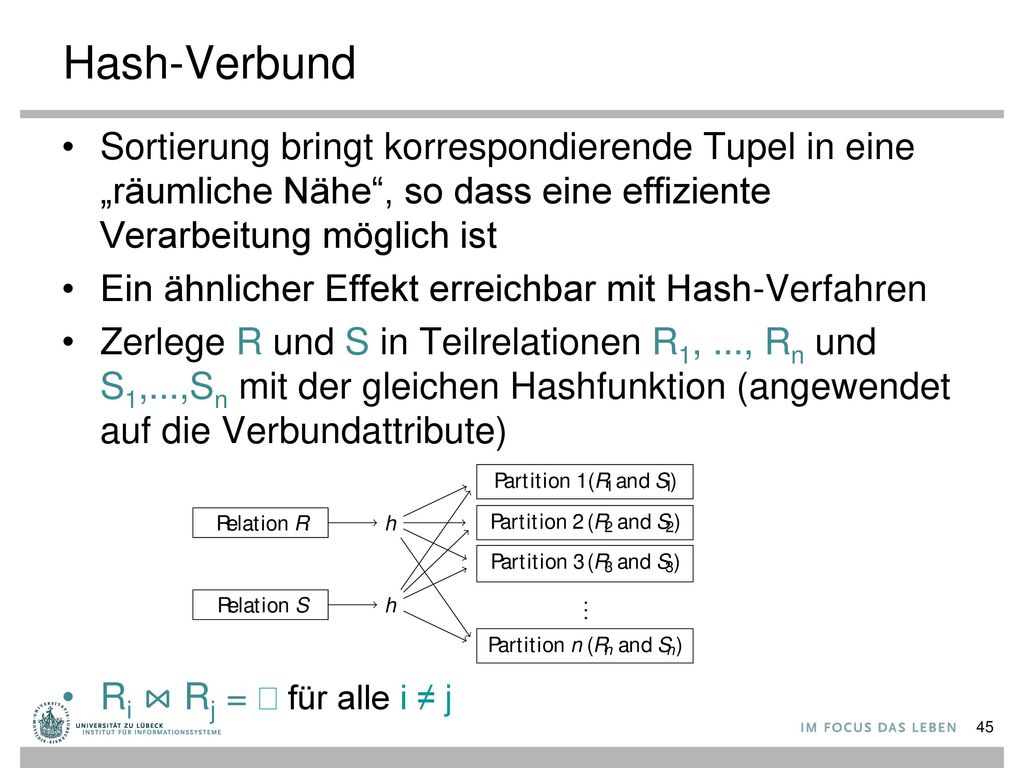 Hash-Verbund Sortierung bringt korrespondierende Tupel in eine „räumliche Nähe , so dass eine effiziente Verarbeitung möglich ist.