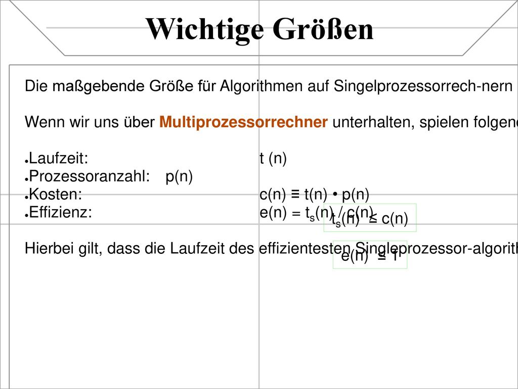 Wichtige Größen Die maßgebende Größe für Algorithmen auf Singelprozessorrech-nern ist die Laufzeit ts(n).
