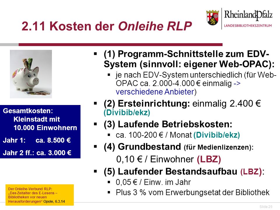 2.11 Kosten der Onleihe RLP (1) Programm-Schnittstelle zum EDV-System (sinnvoll: eigener Web-OPAC):