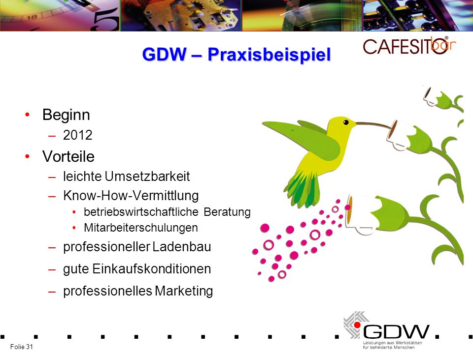 GDW – Praxisbeispiel Beginn Vorteile 2012 leichte Umsetzbarkeit