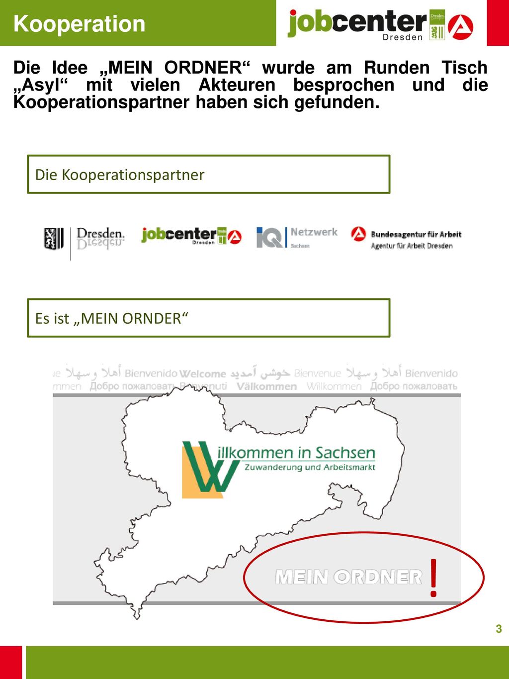 Kooperation Die Idee „MEIN ORDNER wurde am Runden Tisch „Asyl mit vielen Akteuren besprochen und die Kooperationspartner haben sich gefunden.