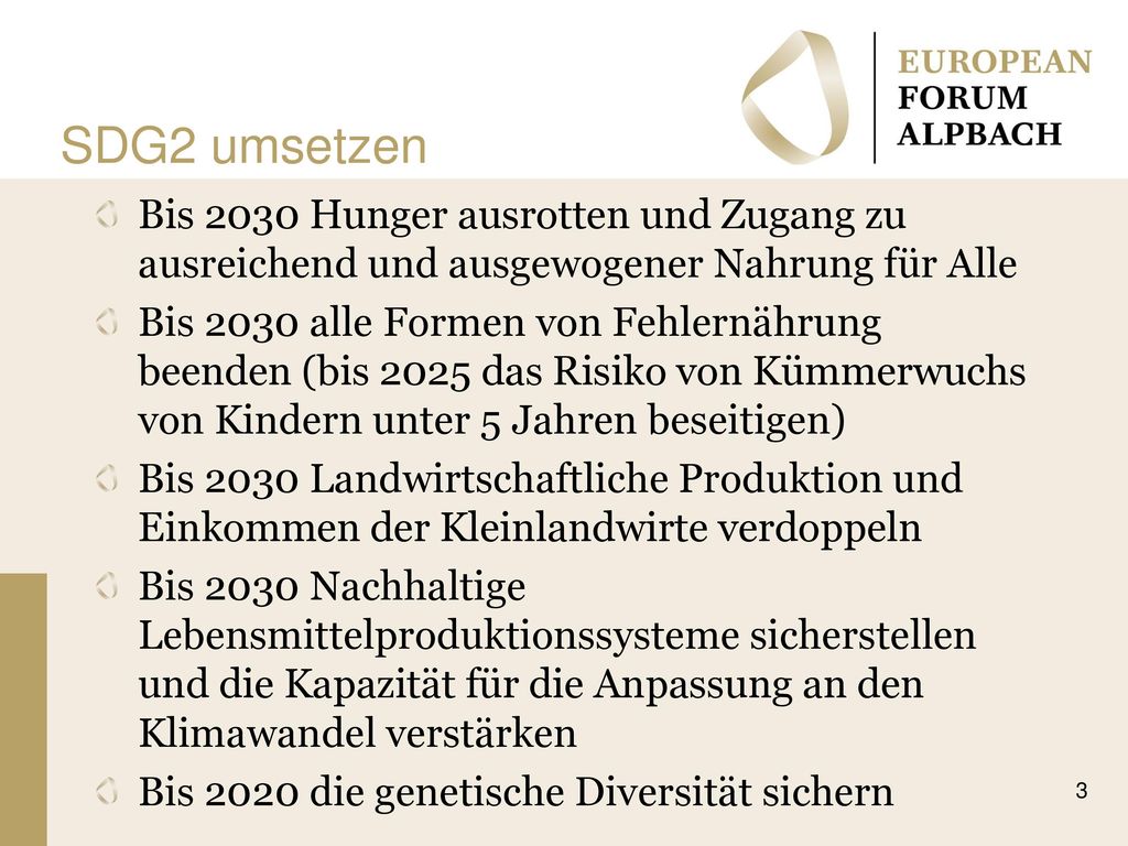 SDG2 umsetzen Bis 2030 Hunger ausrotten und Zugang zu ausreichend und ausgewogener Nahrung für Alle.