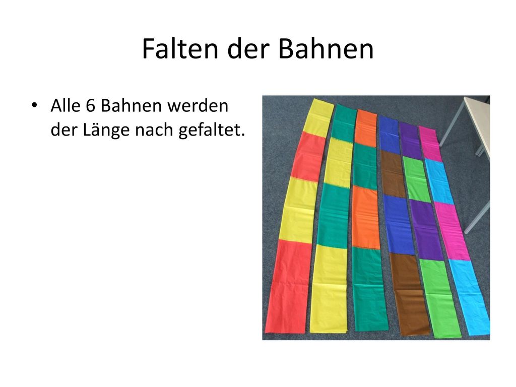 Falten der Bahnen Alle 6 Bahnen werden der Länge nach gefaltet.