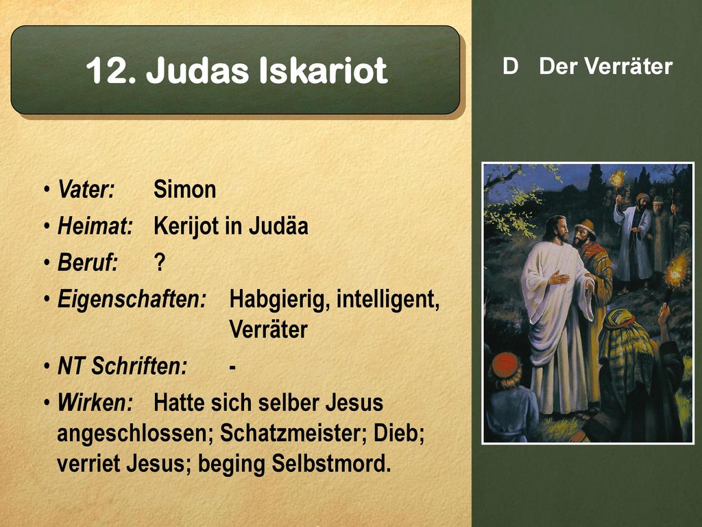 12. Judas Iskariot Vater: Simon Heimat: Kerijot in Judäa Beruf: