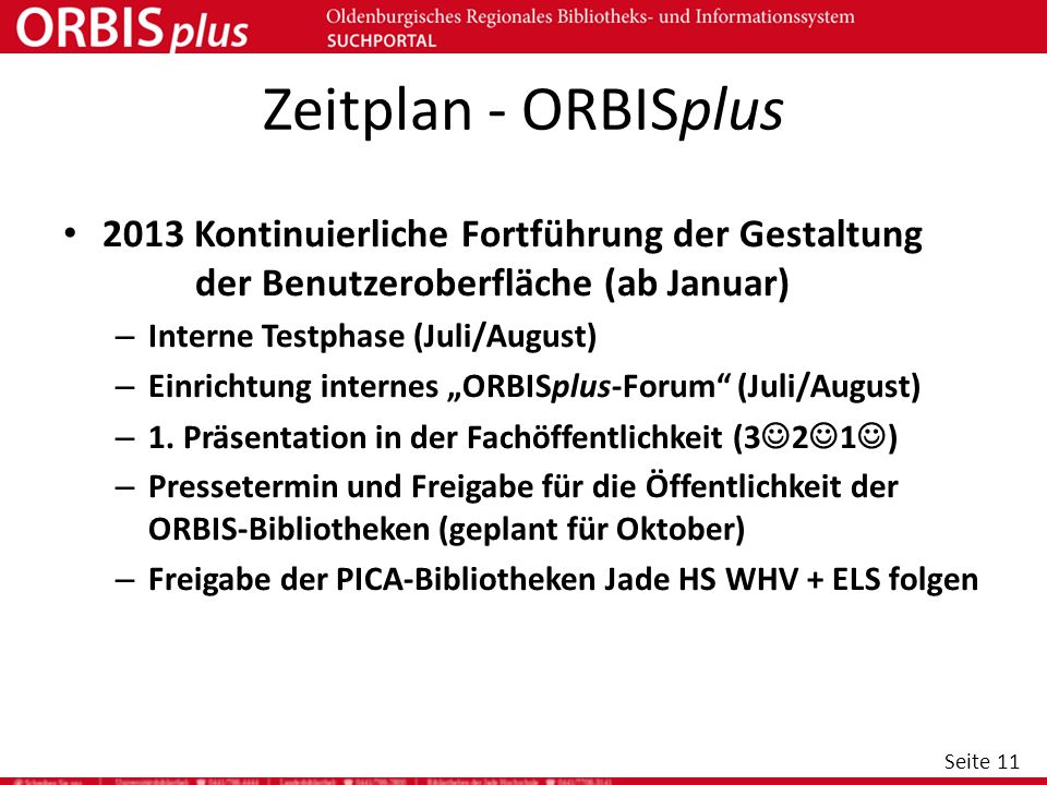 Zeitplan - ORBISplus 2013 Kontinuierliche Fortführung der Gestaltung der Benutzeroberfläche (ab Januar)