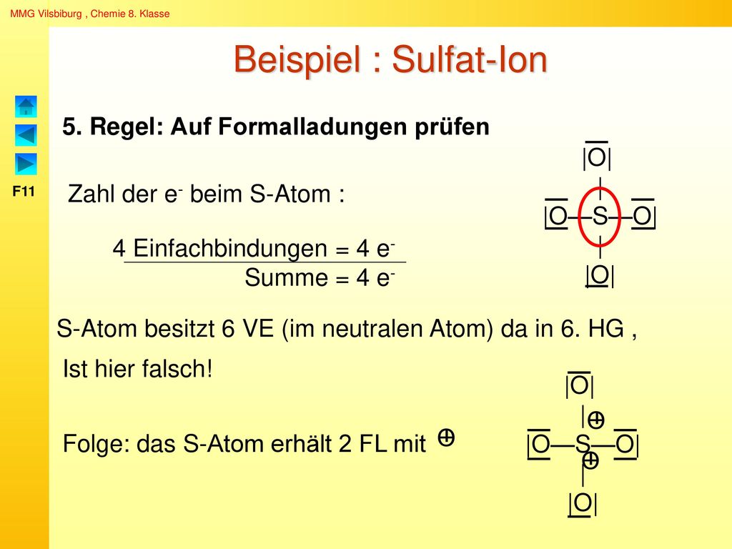 Beispiel : Sulfat-Ion 5. Regel: Auf Formalladungen prüfen |O| |