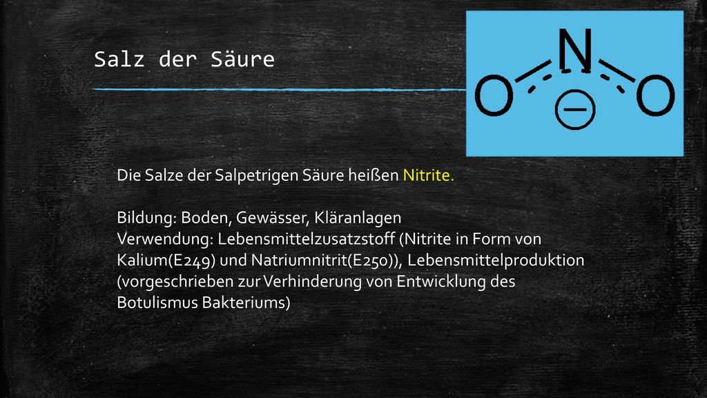 Salz der Säure Die Salze der Salpetrigen Säure heißen Nitrite.