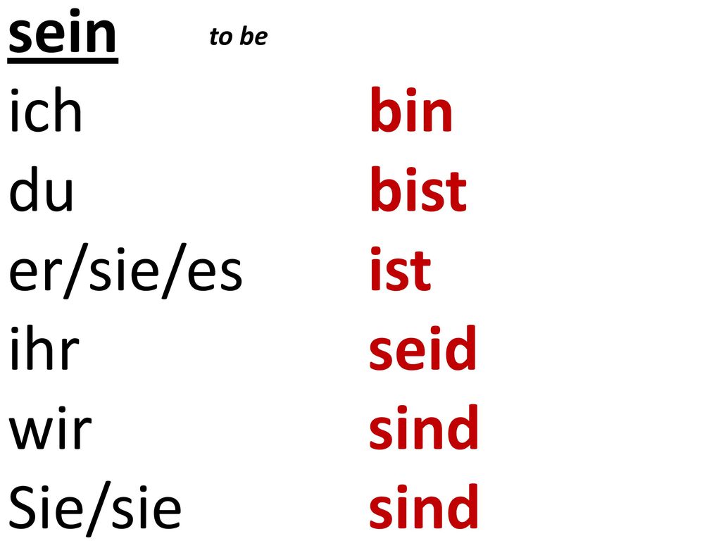sein ich bin du bist er/sie/es ist ihr seid wir sind Sie/sie sind
