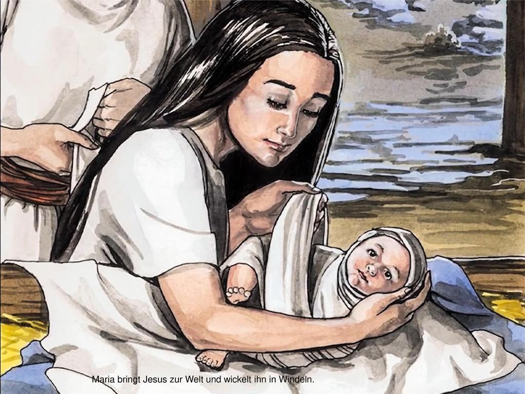 Maria bringt Jesus zur Welt und wickelt ihn in Windeln.