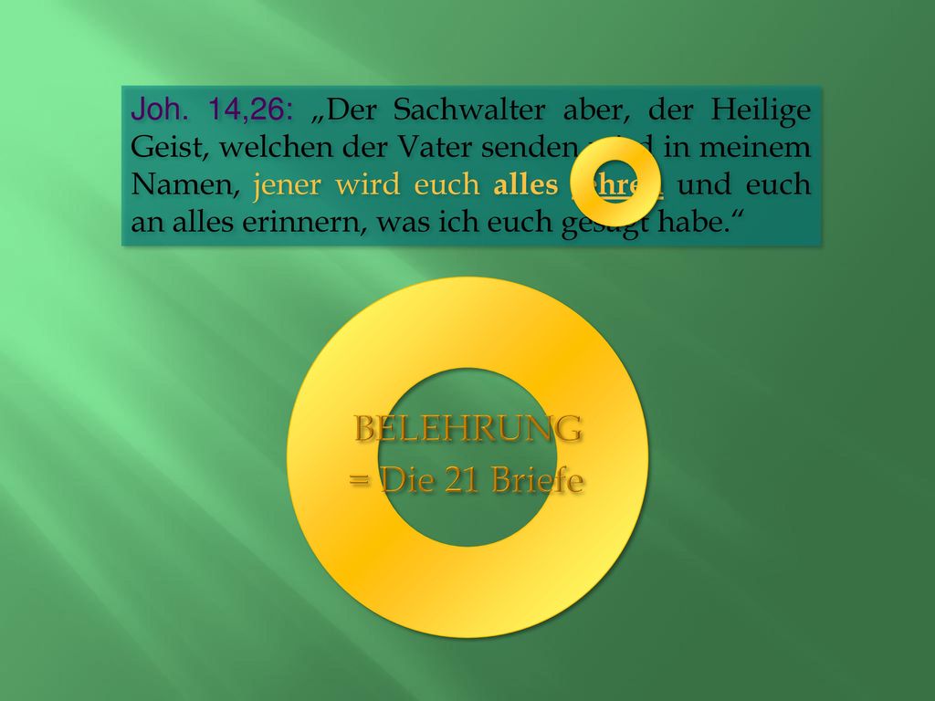 Joh. 14,26: „Der Sachwalter aber, der Heilige Geist, welchen der Vater senden wird in meinem Namen, jener wird euch alles lehren und euch an alles erinnern, was ich euch gesagt habe.