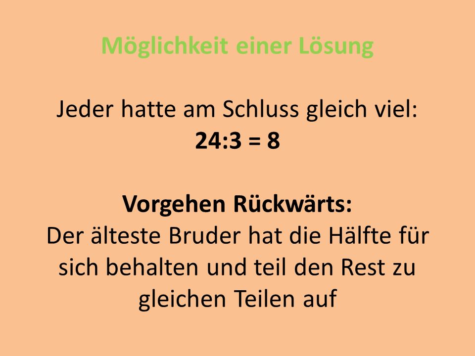 Möglichkeit einer Lösung Jeder hatte am Schluss gleich viel: 24:3 = 8 Vorgehen Rückwärts: Der älteste Bruder hat die Hälfte für sich behalten und teil den Rest zu gleichen Teilen auf