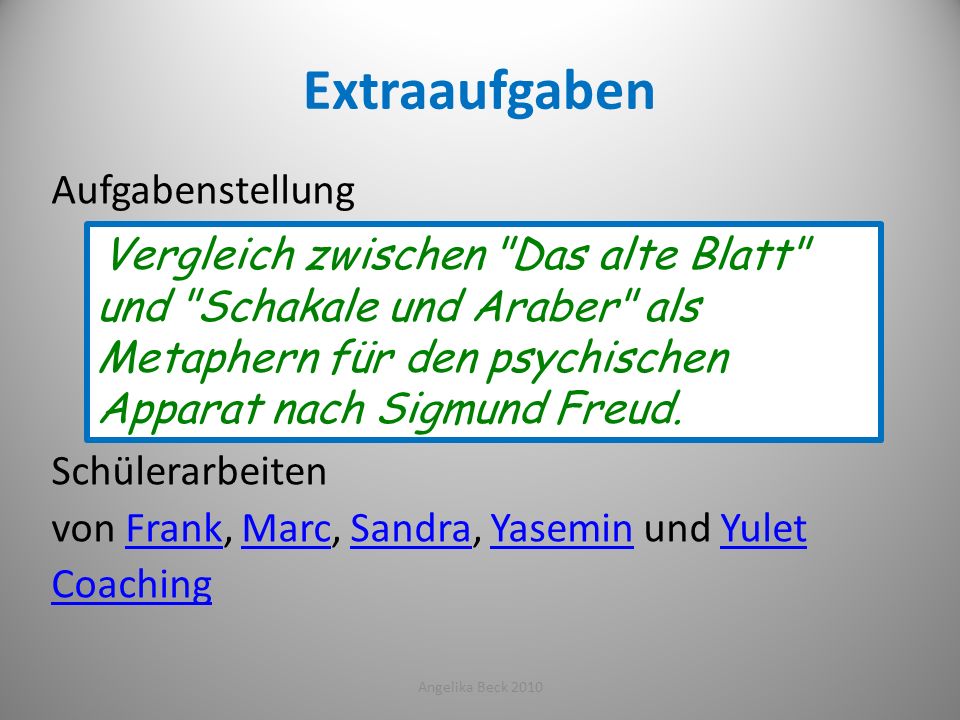 Extraaufgaben Aufgabenstellung Schülerarbeiten von Frank, Marc, Sandra, Yasemin und Yulet Coaching