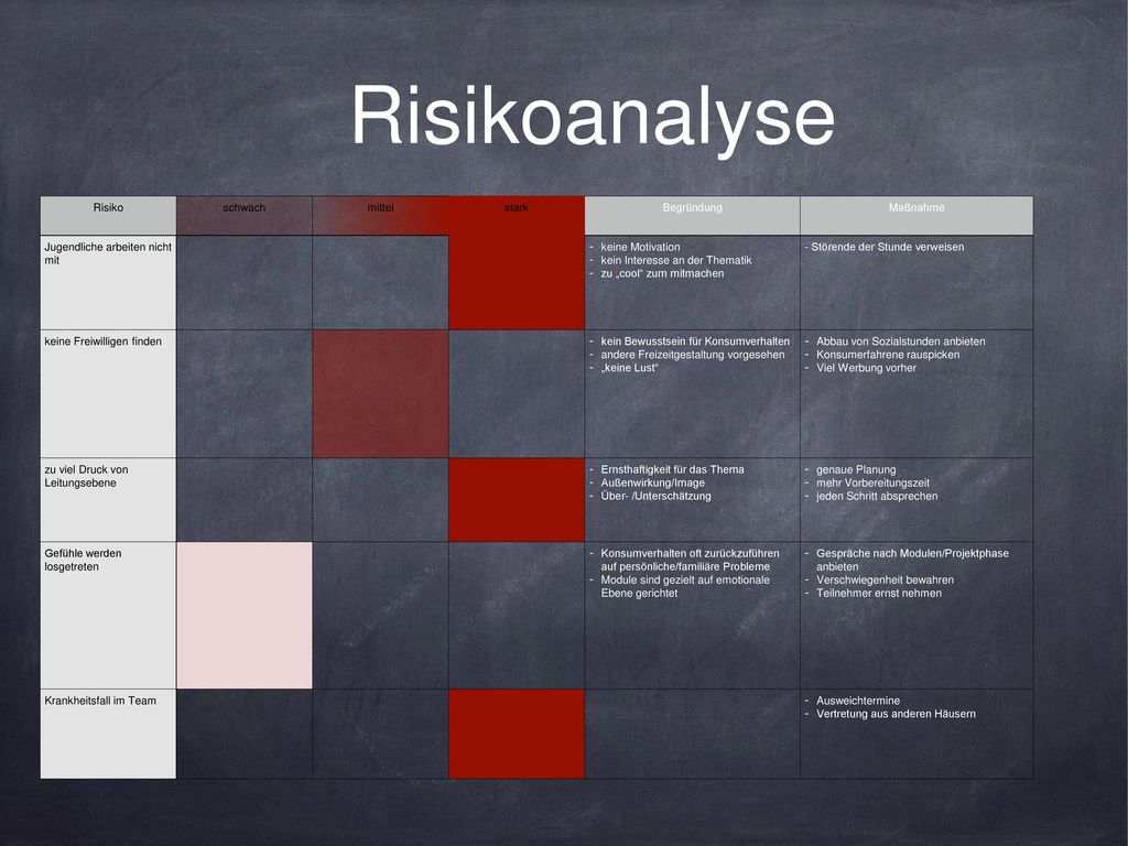 Risikoanalyse Risiko schwach mittel stark Begründung Maßnahme