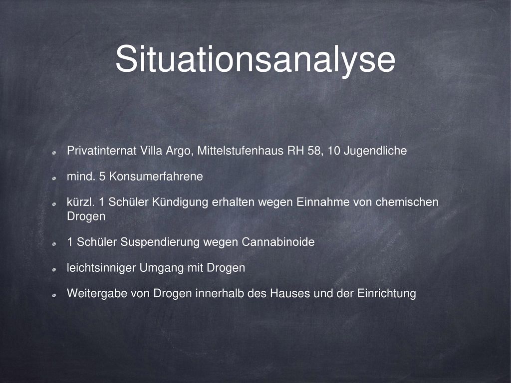 Situationsanalyse Privatinternat Villa Argo, Mittelstufenhaus RH 58, 10 Jugendliche. mind. 5 Konsumerfahrene.