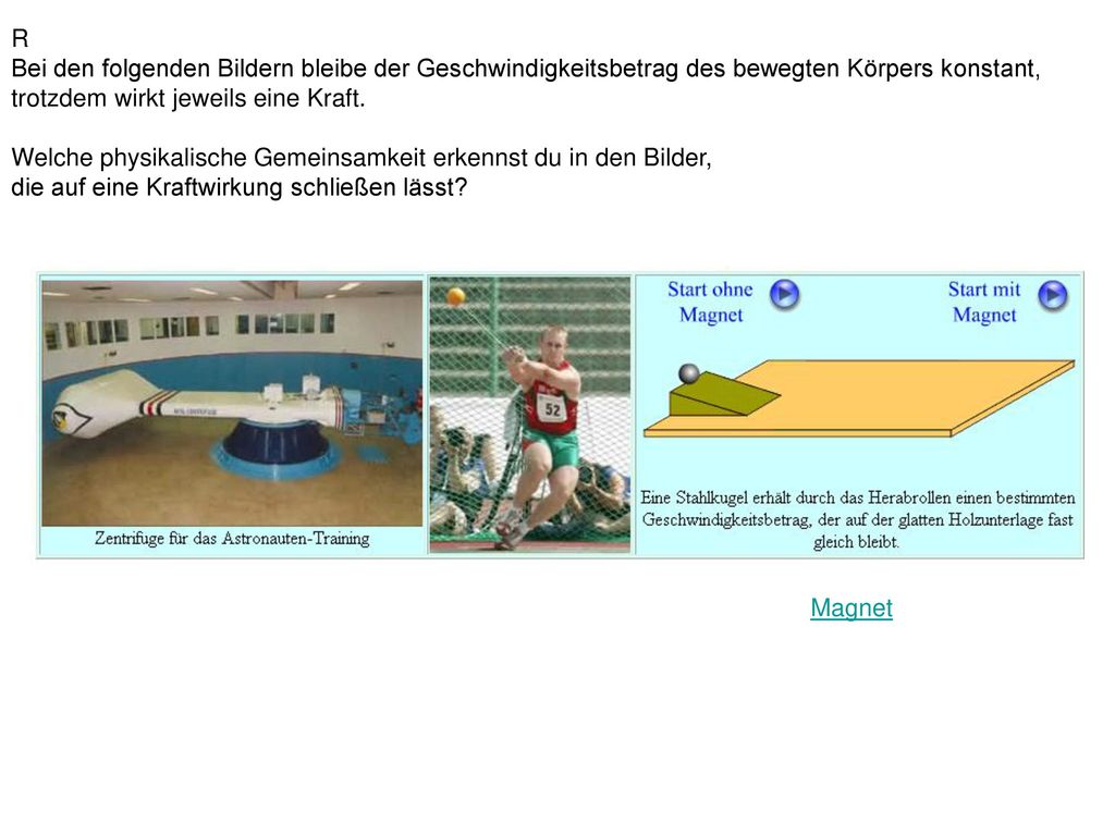 R Bei den folgenden Bildern bleibe der Geschwindigkeitsbetrag des bewegten Körpers konstant, trotzdem wirkt jeweils eine Kraft. Welche physikalische Gemeinsamkeit erkennst du in den Bilder, die auf eine Kraftwirkung schließen lässt