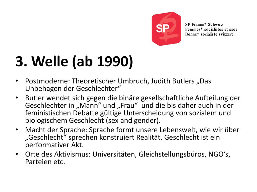 3. Welle (ab 1990) Postmoderne: Theoretischer Umbruch, Judith Butlers „Das Unbehagen der Geschlechter