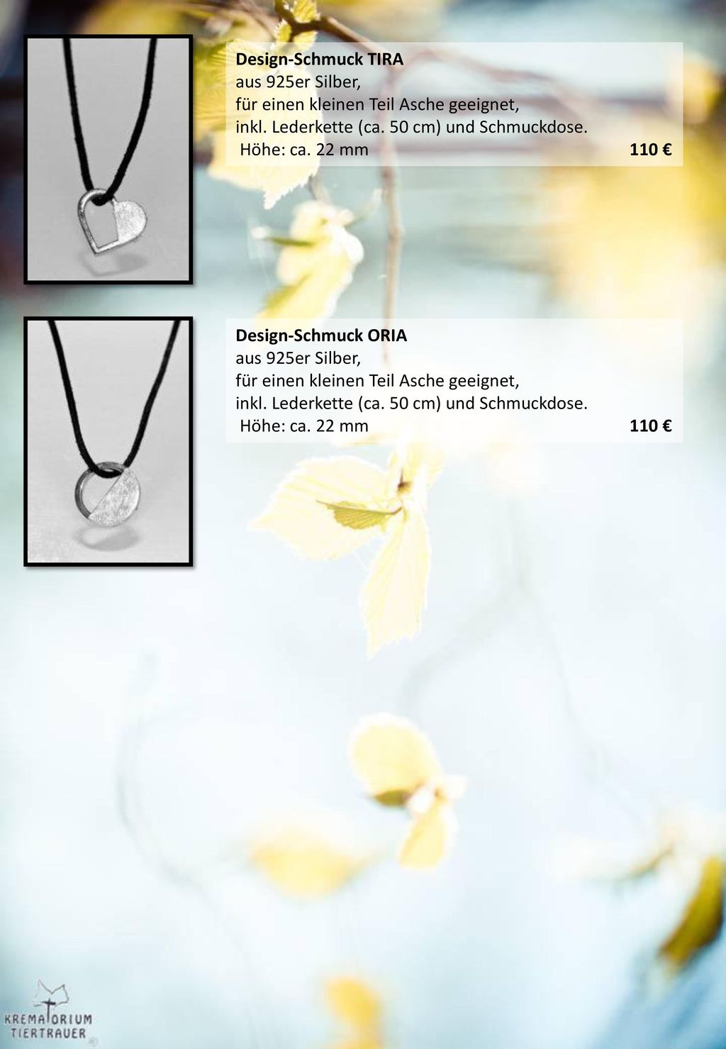Design-Schmuck TIRA aus 925er Silber, für einen kleinen Teil Asche geeignet, inkl. Lederkette (ca. 50 cm) und Schmuckdose.