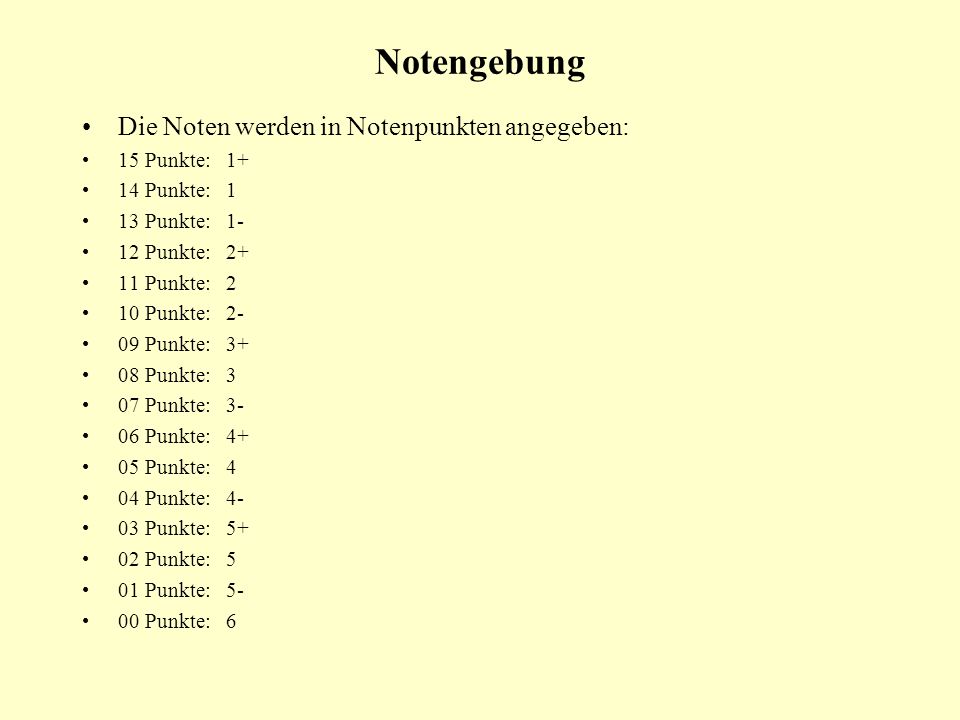 Notengebung Die Noten werden in Notenpunkten angegeben: 15 Punkte: 1+
