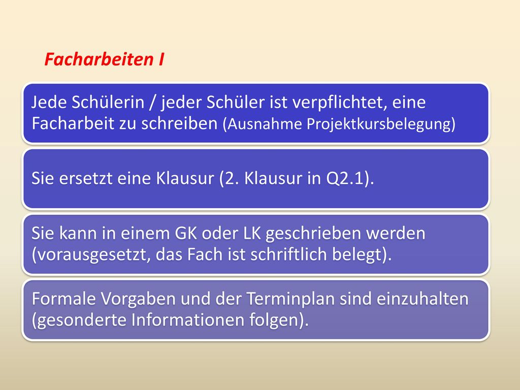 Facharbeiten I Jede Schülerin / jeder Schüler ist verpflichtet, eine Facharbeit zu schreiben (Ausnahme Projektkursbelegung)