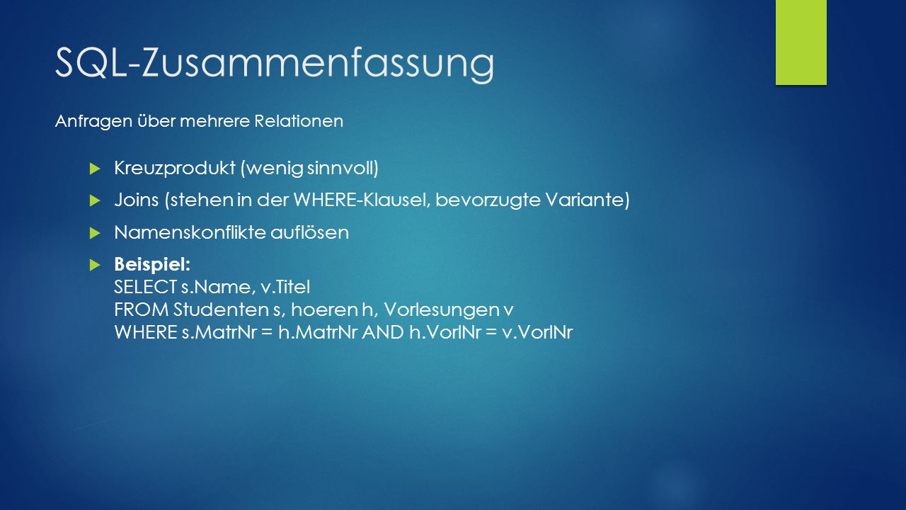 SQL-Zusammenfassung Kreuzprodukt (wenig sinnvoll)