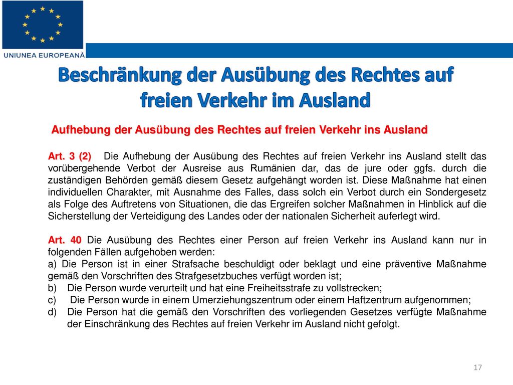 Beschränkung der Ausübung des Rechtes auf freien Verkehr im Ausland
