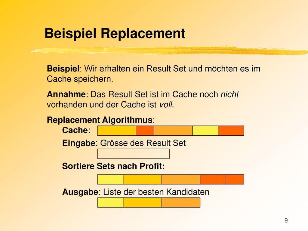 Beispiel Replacement Beispiel: Wir erhalten ein Result Set und möchten es im Cache speichern.