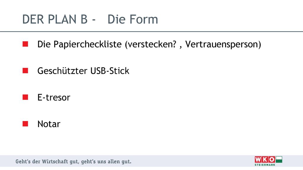 DER PLAN B - Die Form Die Papiercheckliste (verstecken , Vertrauensperson) Geschützter USB-Stick.