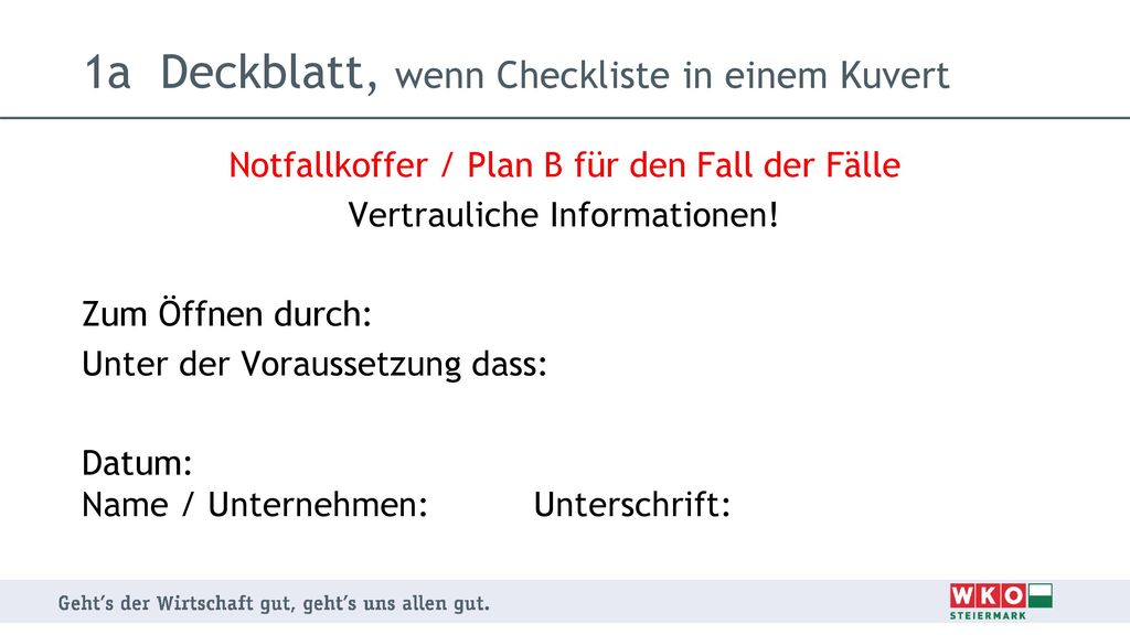 1a Deckblatt, wenn Checkliste in einem Kuvert