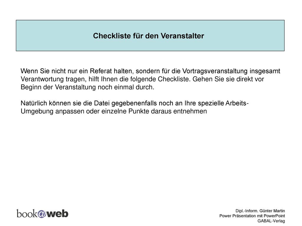 Checkliste für den Veranstalter