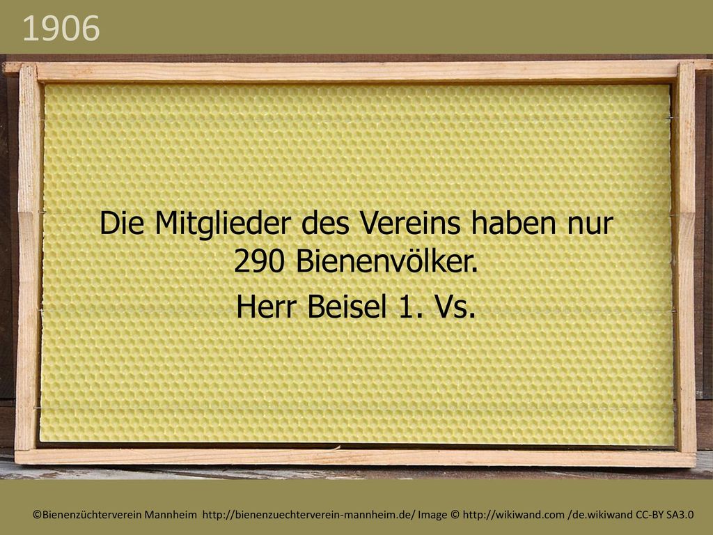 1906 Die Mitglieder des Vereins haben nur 290 Bienenvölker. Herr Beisel 1. Vs.