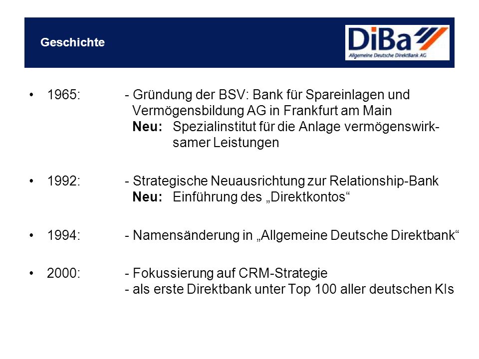 Geschichte. Geschichte 1994: - Namensänderung in „Allgemeine Deutsche  Direktbank“ Geschichte 1965: - Gründung der BSV: Bank für Spareinlagen und.  - ppt herunterladen