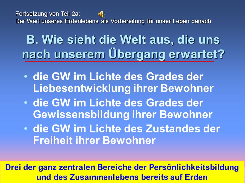 B. Wie sieht die Welt aus, die uns nach unserem Übergang erwartet