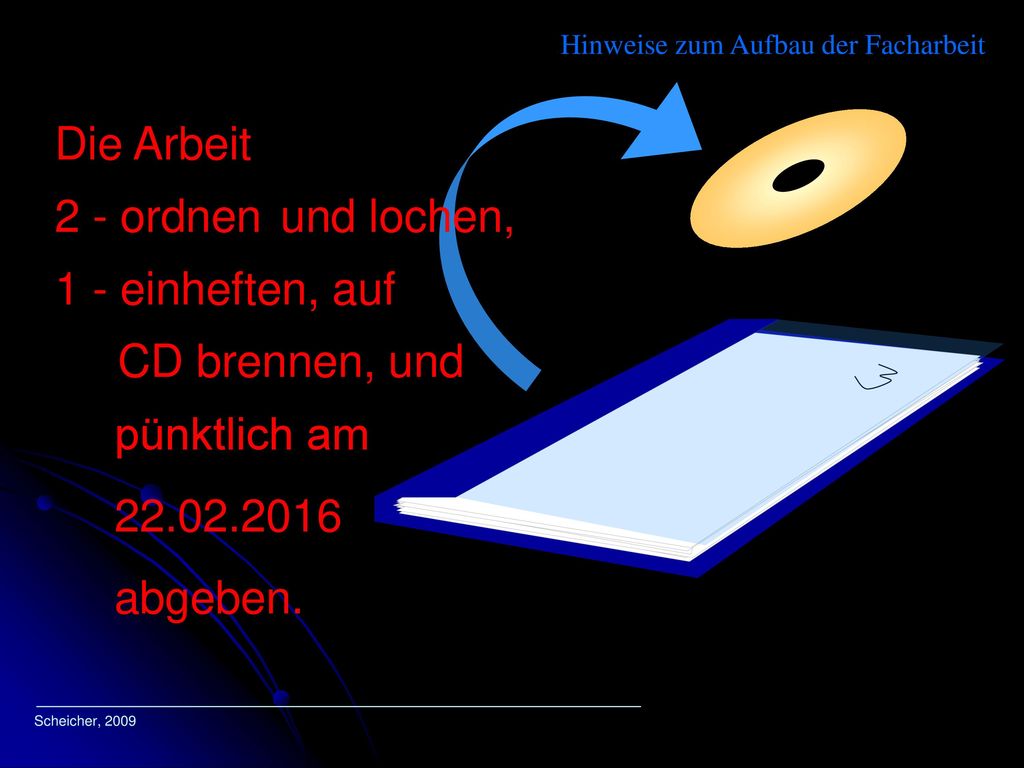 Die Arbeit 2 - ordnen und lochen, 1 - einheften, auf CD brennen, und