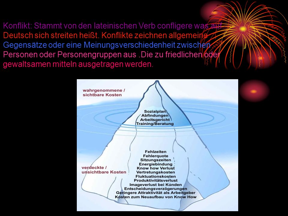 Konflikt: Stammt von den lateinischen Verb confligere was auf Deutsch sich streiten heißt.