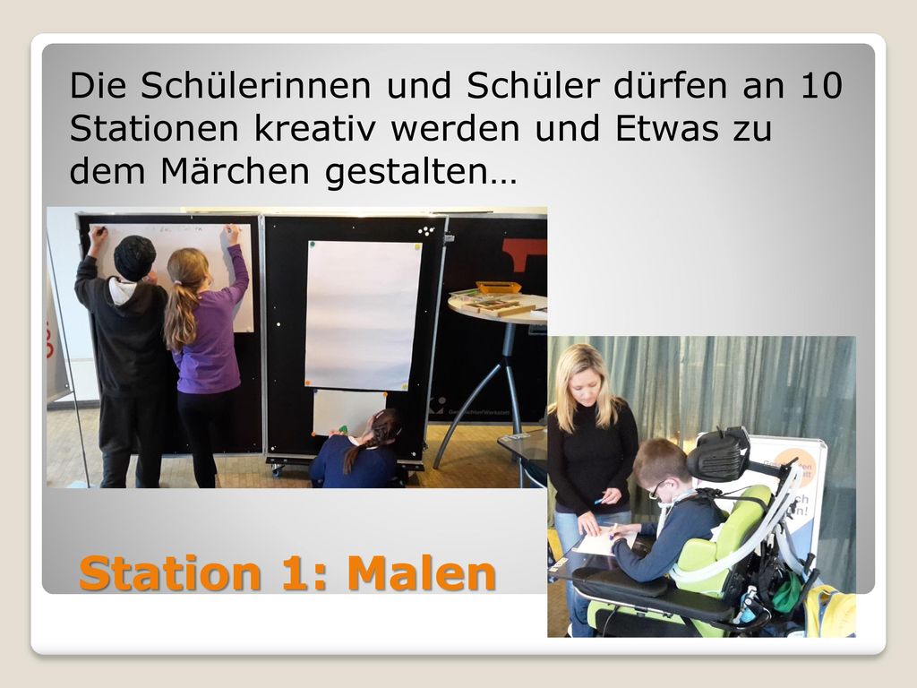 Die Schülerinnen und Schüler dürfen an 10 Stationen kreativ werden und Etwas zu dem Märchen gestalten…