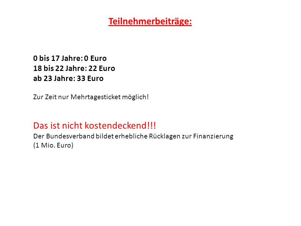 Teilnehmerbeiträge: 18 bis 22 Jahre: 22 Euro ab 23 Jahre: 33 Euro