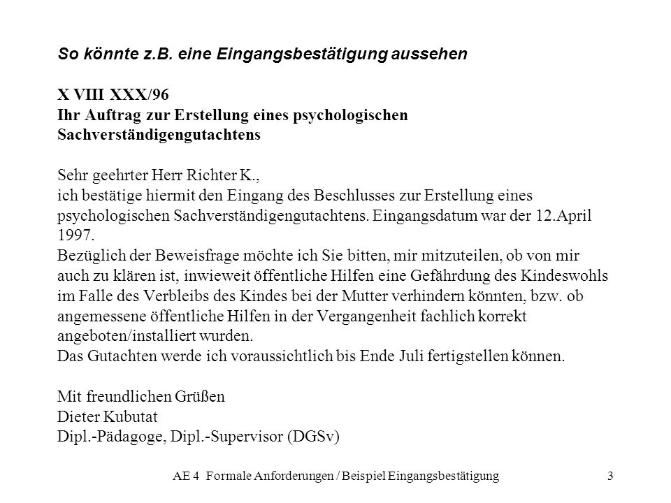 AE 4 Formale Anforderungen / Beispiel Eingangsbestätigung