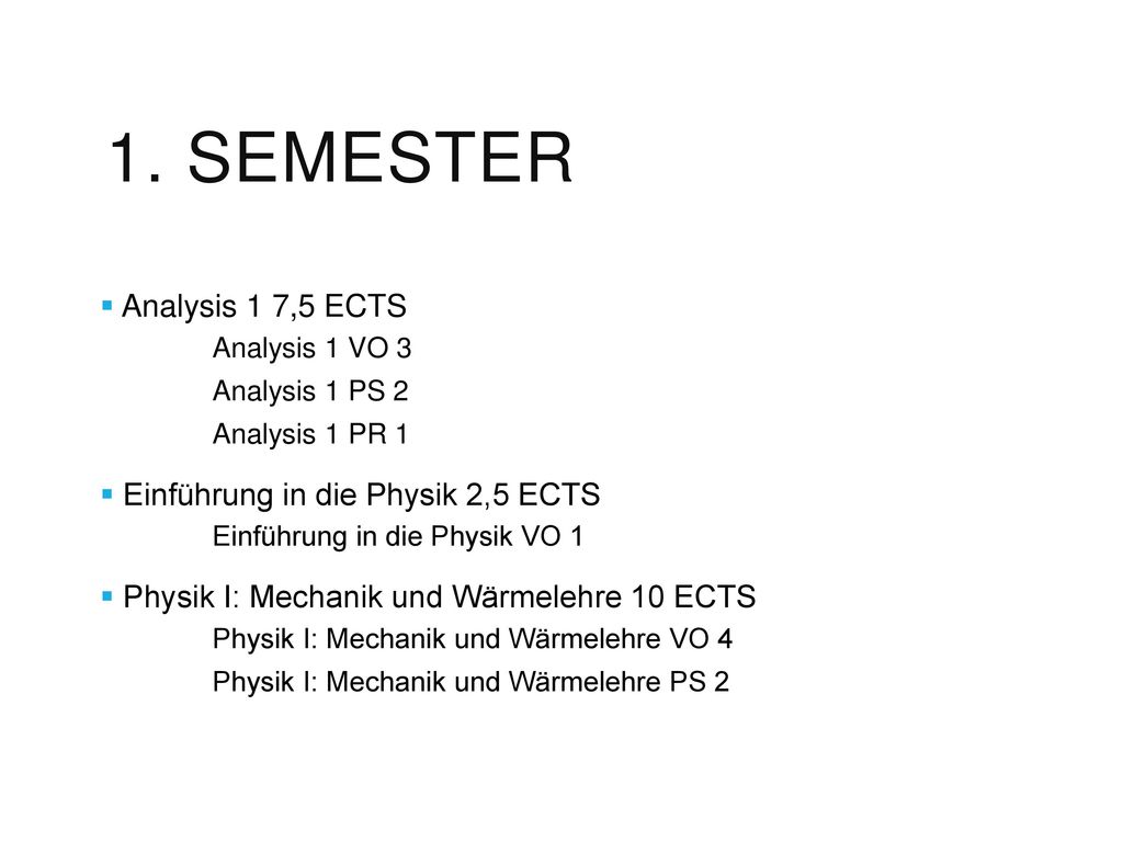 1. Semester Analysis 1 7,5 ECTS Einführung in die Physik 2,5 ECTS
