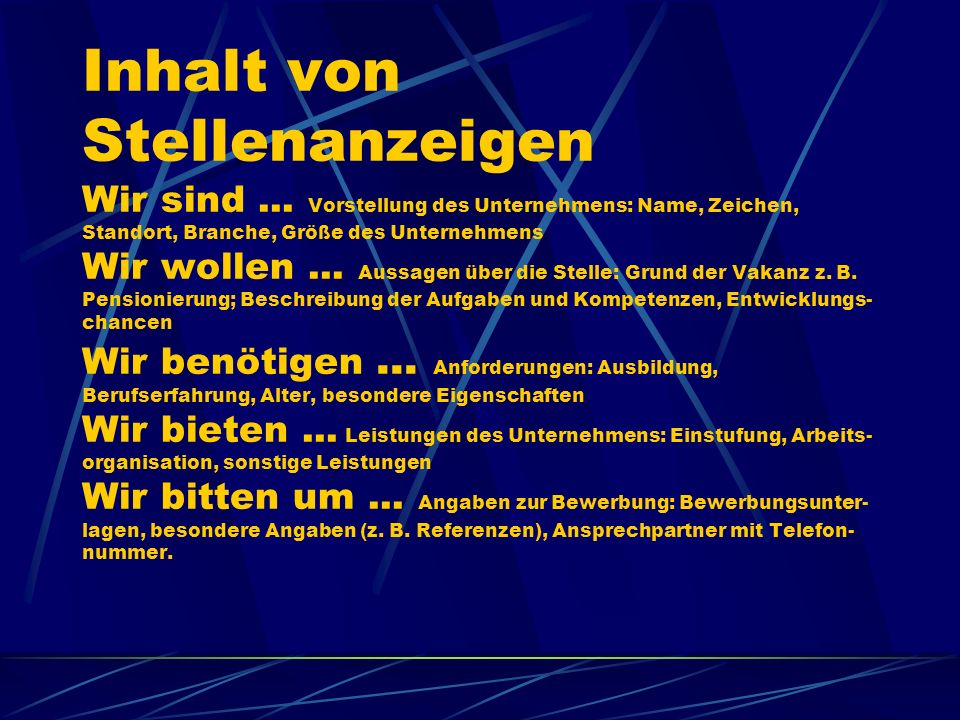 Inhalt von Stellenanzeigen Wir sind