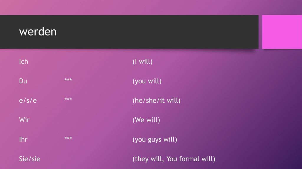 werden Ich (I will) Du *** (you will) e/s/e *** (he/she/it will) Wir (We will) Ihr *** (you guys will) Sie/sie (they will, You formal will)