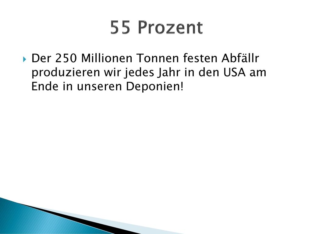 55 Prozent Der 250 Millionen Tonnen festen Abfällr produzieren wir jedes Jahr in den USA am Ende in unseren Deponien!